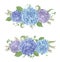 Set of wedding bouquets.Leaves, blooming branches eucalyptus, gaultheria, salal, chamaelaucium, fern.Blue, purple, flower of