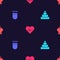 Set Wedding cake with heart, Quiver and arrows, Heart rate and Bottle love potion on seamless pattern. Vector