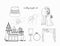 Set of Wedding illustrations. Sketch. Castle, ring, arch, wedding cake, hands, groom, bride. man putting engagement ring