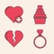 Set Wedding rings, Heart, Wedding cake with heart and Broken heart or divorce icon. Vector.