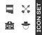 Set Western cowboy hat, Pan flute, Wild west saloon and Crossed arrows icon. Vector