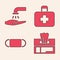 Set Wet wipe pack, Washing hands with soap, First aid kit and Medical protective mask icon. Vector