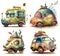 Set of whimsical cartoon ornate vintage retro cars, isolated on white. Watercolor illustration