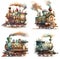 Set of whimsical cute cartoon ornate vintage train locomotives, isolated on white. Digital watercolor illustration