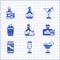 Set Whiskey bottle and glass, Glass of champagne, Cocktail, Beer can, shaker, Martini and icon. Vector