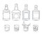 Set of whiskey bottles and glasses with a drink and ice cubes. Engraving vintage alcoholic bar menu elements