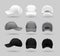 Set of white, black and gray baseball cap, . realistic mockup