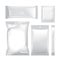 Set of white blank foil bag packaging for food, snack, coffee, cocoa, sweets, crackers, chips, nuts, sugar. Vector