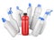 Set of white bottles and one red bottl with detergents