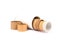 Set of white and brown paper tubes with paper end caps and metal plugs, cardboard containers for packaging isolated on white