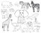 Set of white cartoon isolated outline Savannah animals. Tiger, lion, rhinoceros, common warthog, African buffalo, tortoise,