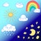 Set of white clouds with sun, moon, railbow and stars. Smiling elements with different mood. Children illustration for