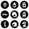 Set of white icons isolated against a black background, on a theme Ecology