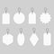Set white labels in different shapes with string isolated on grey background. Blank card and sticker. Tags for price, gift,
