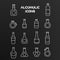 Set of white linear vector icons of alcoholic bottles