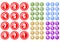 Set of white numbers in circle button includes five color variants, red, green, blue, yellow and purple. Included also button with