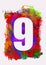 set of white numbers on multicolored acrylic painting background, digital illustration, nine