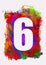 set of white numbers on multicolored acrylic painting background, digital illustration, six