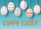 Set of white pending easter eggs with different pink, orange, red, stripes, patterns points, confetti, waves, flourishes on blue