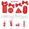 Set of white and red sale price tags and lables with realistic bows on white background