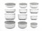 Set of white round bottom tin cans in various sizes, clipping pa