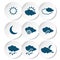 Set of white rounded stickers with dark blue weather symbols, elements of forecast