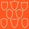 Set of white shield icons. Outline security signs on orange background.