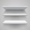 Set white shop product shelves, realistic shelf, shopping merchandise market products racks, blank empty showcase display