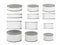 Set of white short cylindrical tin cans in various sizes, clipp