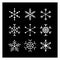 Set of white snow ice icons. Collection of snowflakes shape different styles on black background. Symbols of winter, cold, season.