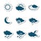 Set of white various stickers with dark blue weather symbols, elements of forecast