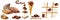 Set of whole and cut cocoa pods and beans, chocolate ice cream in waffle cone, waffle sticks, and chocolate on white background,
