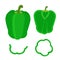 Set of whole pepper and slices in flat style. Chopped green pepp