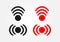 Set of wi-fi icons drawn by hand with rough brush. Black and red isolated symbols.