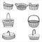 Set of wicker baskets.Contour drawing.Hand drawing with a line.Black and white image.Baskets for picnic, holiday, Easter, Pets.