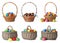 Set of wicker baskets with different Easter eggs
