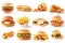 set of a wide variety of fast food isolated on white background