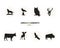 Set of wild animal figures and shapes with sunbursts isolated on white background. Black silhouettes wolf, deer, moose