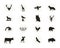 Set of wild animal figures and shapes with sunbursts isolated on white background. Black silhouettes wolf, deer, moose