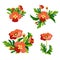 Set of Wild floral bouquets of poppies and cornflowers with green leaves in decorative flat style. Botanical natural