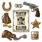 Set with Wild West and casino symbols. Vector vintage engraving black illustration