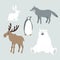 Set of wild winter animals and bird. Cute polar bear, moose, wolf, hare, rabbit and penguin. Christmas nordic design