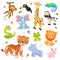 Set of wildlife animals cartoon character with decorative natural elements . Vector