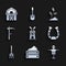 Set Windmill, Wooden box with harvest, Scarecrow, Horseshoe, Garden rake, Scythe, Sprout and Farm House concept icon