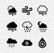 Set Windy weather, Cloud with snow, and Water drop percentage icon. Vector