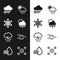 Set Windy weather, Snowflake, Cloud with rain, snow and sun, lightning and Fog icon. Vector