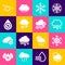 Set Windy weather, Snowflake, Cloud with snow and Water drop percentage icon. Vector