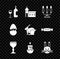 Set Wine bottle with glass, Church building, Candelabrum candlesticks, Burning, Easter rabbit, Broken egg and icon