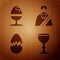 Set Wine glass, Chicken egg on a stand, Broken egg and Jesus Christ on wooden background. Vector
