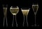 Set of wine and yellow champagne crystal luxury glasses on black background.Flute,prosecco and ballon shape glasses